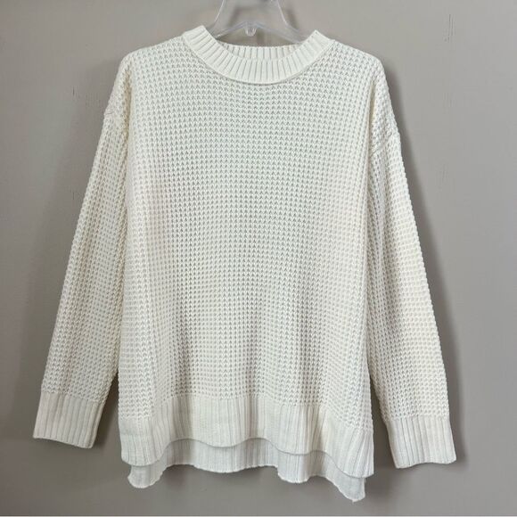 SO Waffle Knit Oversized Slouchy Shoulder Cream Comfy Sweater Size L - Picture 1 of 16